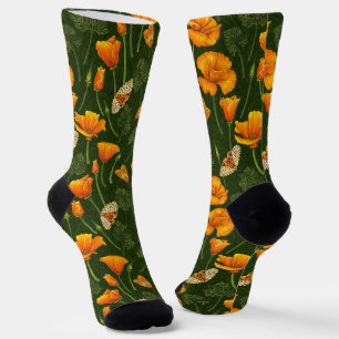 Chaussette Pavots de Californie et papillons sur fond vert fo