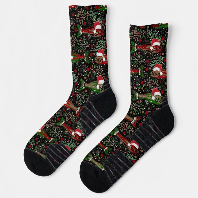 Chaussette Pêche pour vous un joyeux Noël Red Green Truite (Gauche)
