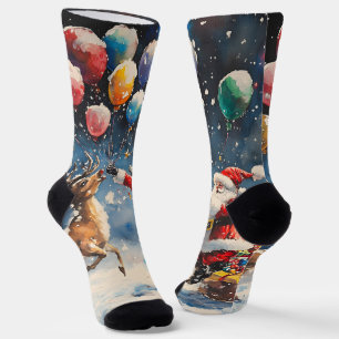 Chaussette Père Noël aquarelle festive Renne Ballon coloré