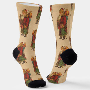 Chaussette Père Noël vintage avec arbre de Noël