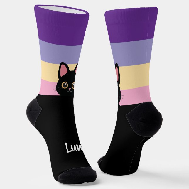 Chaussette Personalized Black Cat Socks Custom Name Color (Angulaire)