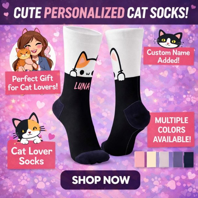 Chaussette Personalized Cat Socks with Name – Cat Lover Gifts (Personalized Cat Socks With Name , Buy This Perfect Gift For Cat Lovers. Available In Many Colors. )