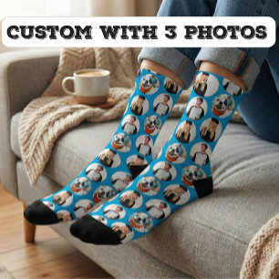 Chaussette Personnalisé 3 Photos Motif bleu