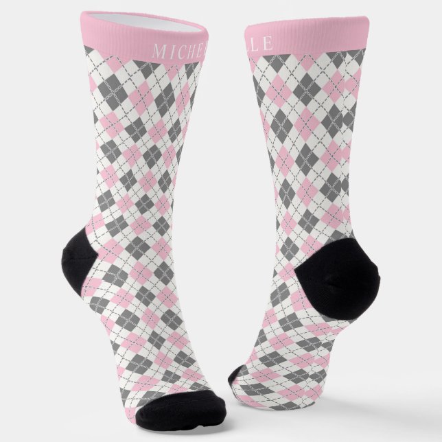 Chaussette Personnalisé blanc gris rose À damiers Motif Jacqu (Angulaire)