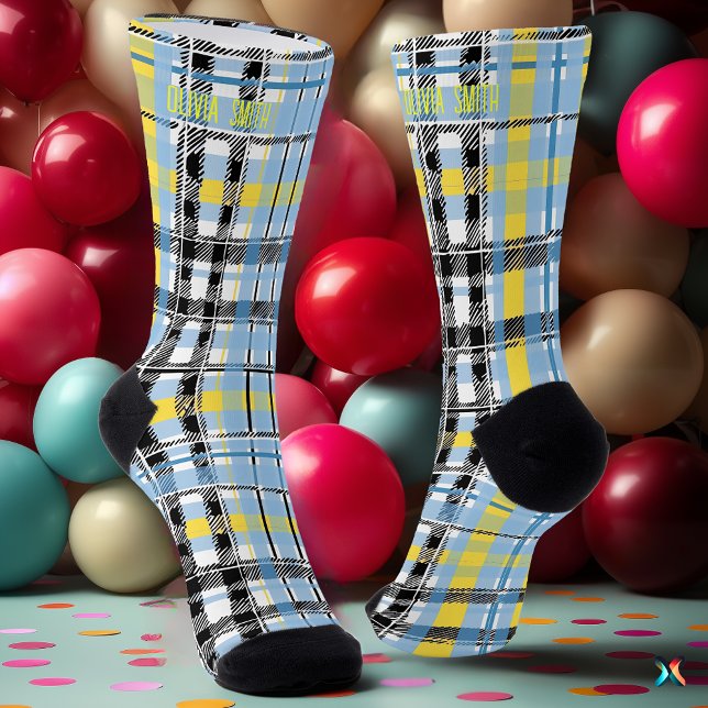 Chaussette Personnalisé bleu, jaune et noir Tartan personnali (Créateur téléchargé)