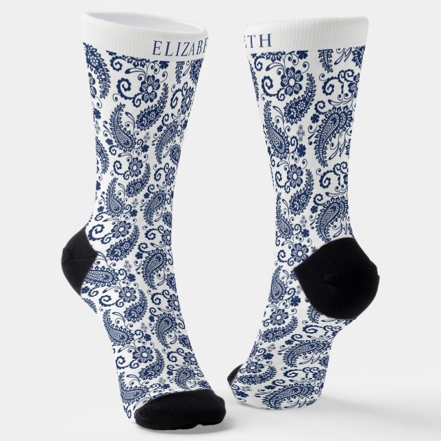 Chaussette Personnalisé pendant et Dark Navy Blue Paisley Mot (Angulaire)