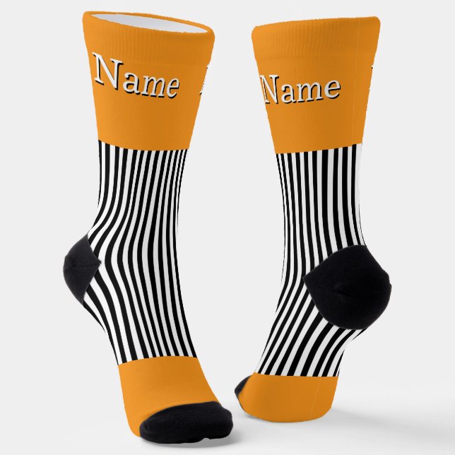 Chaussette Personnaliser Nom Rayures Noir Blanc Orange  (Angulaire)