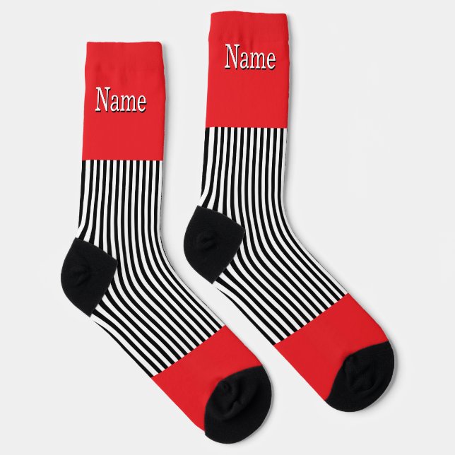 Chaussette Personnaliser Nom Rayures Noires et Blanches Rouge (Droite)