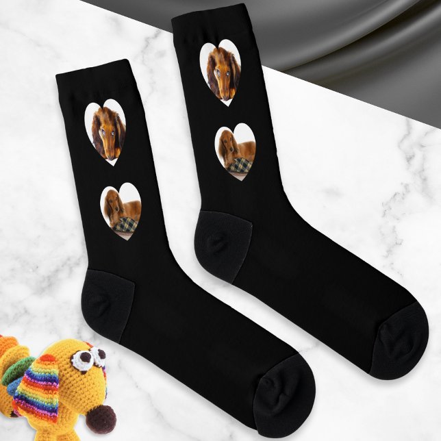 Chaussette Pet Dog 4 Custom Photos Heart Frames Personalized (Black socks for the dog lover, with 4 custom photos of your pet in cute heart-shaped frames)