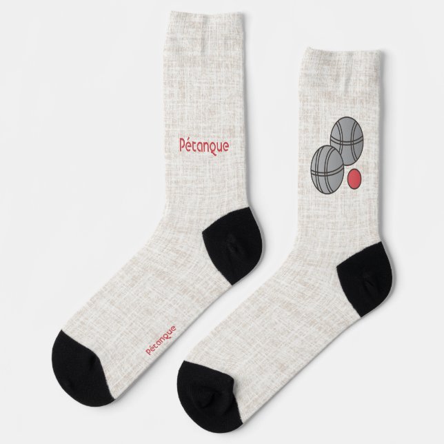 Chaussette Pétanque, two balls, red on a beige linen design (Gauche)