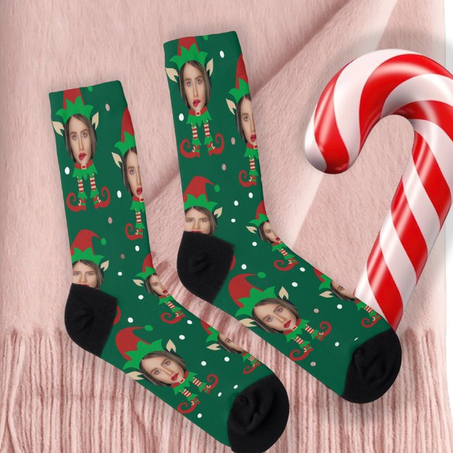Chaussette Photo Collage Funny Face Christmas Elf (Photo Collage Funny Face Christmas Elf Socks by Ricaso. Add your own face, female elf outfit. )