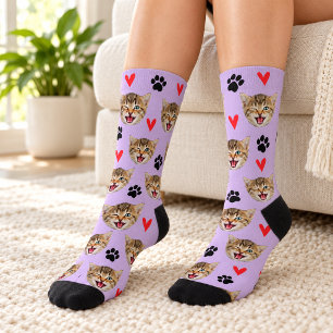 Chaussette Photo de chien chat personnalisé avec des cœurs et