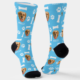 Chaussette Photo de chien personnalisé & nom bleu