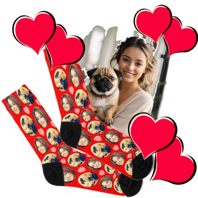 Chaussette Photo Love Chaussettes Walk in Memories (Photo headshot  and pink hearts on red background socks.)