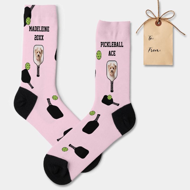 Chaussette Pickleball Motif Animaux de compagnie rose Personn (pickleball gift personalized socks paddles ball name text modern pink black pet photo)