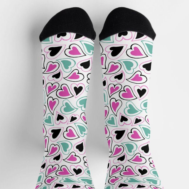 Chaussette Pink Green Black Modern Hearts Valentine Pattern (Haut)