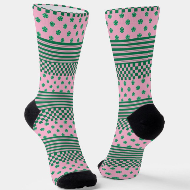 Chaussette Pink Green Boho Check Floral Stripes Motif (Créateur téléchargé)