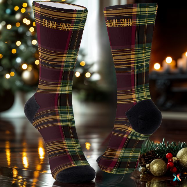 Chaussette Plaid de Noël Classique – Bourgogne & Vert sur mes (Créateur téléchargé)