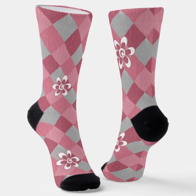 Chaussette Plaid gris et rose avec fleurs camomilaires (Angulaire)