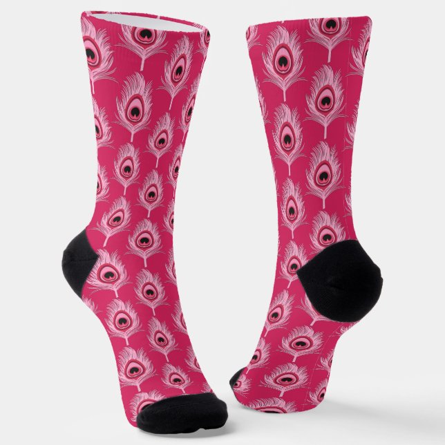 Chaussette Plumes de paon, rose pastel sur rose Fuchsia (Angulaire)