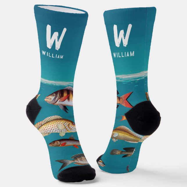 Chaussette Poisson Monogrammé Sous Océan Bleu  (Angulaire)