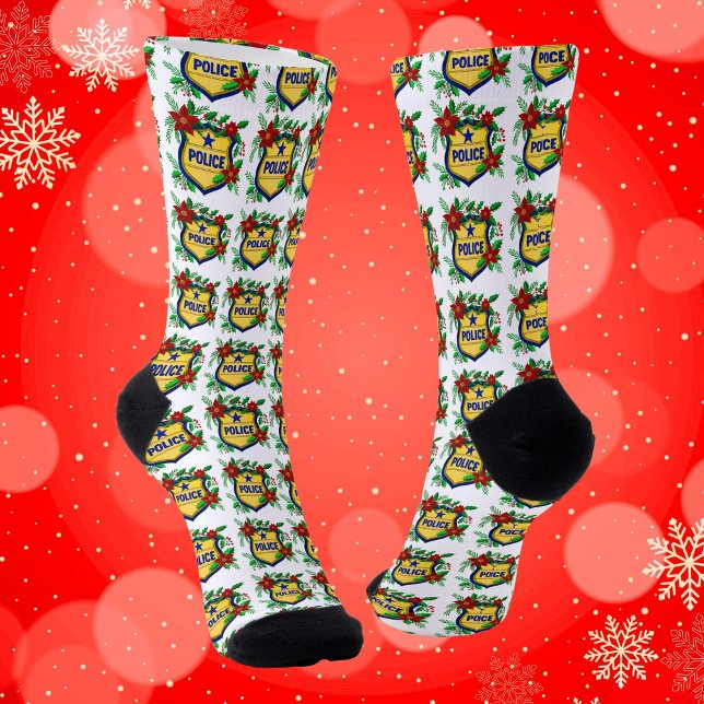 Chaussette Police Merry Christmas Shield with Poinsettia  (Créateur téléchargé)
