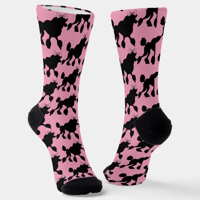 Chaussette Poodles noirs Vintages rocheux sur rose (Angulaire)