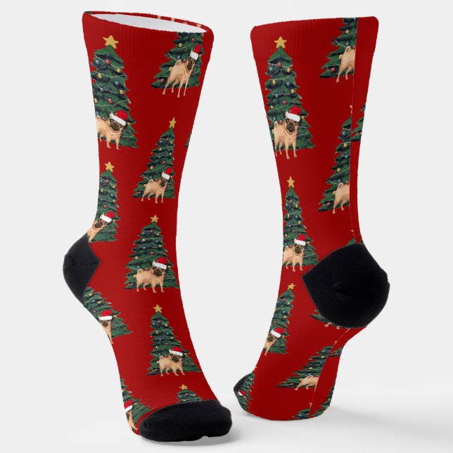 Chaussette Propriétaire du Carlin mignon Noël Arbre rouge Vac (Angulaire)