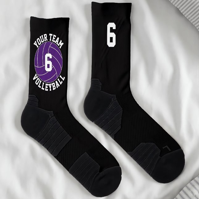 Chaussette Purple Volleyball personnalisé Nom de l'équipe et  (Custom volleyball socks for volleyball players and teams with purple team colors.)