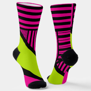Chaussette Rayures triangulaires en vert citron, rose vif et