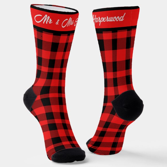 Chaussette Red Buffalo Plaid first Christmas Mr & Mrs Couple (Angulaire)