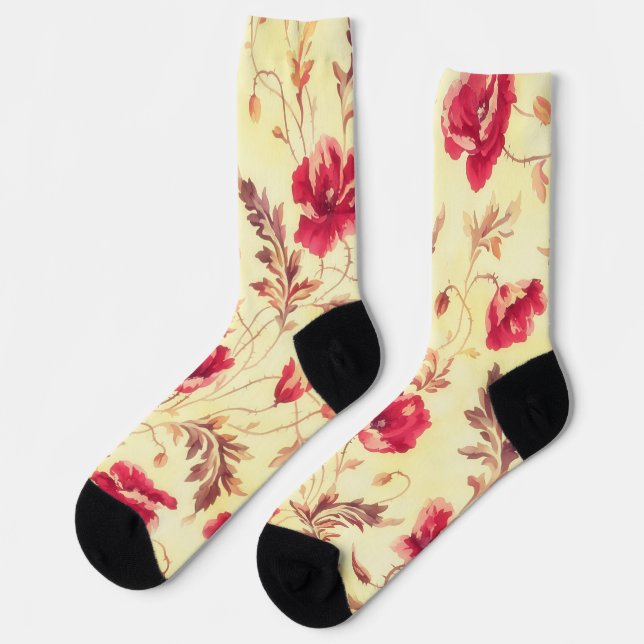 Chaussette Red Roses Gold Vintage Style Chaussettes florales (Gauche)