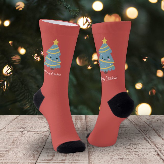 Chaussette Red Socks with Kawaii Christmas Tree (Red Socks with Kawaii Christmas Tree)