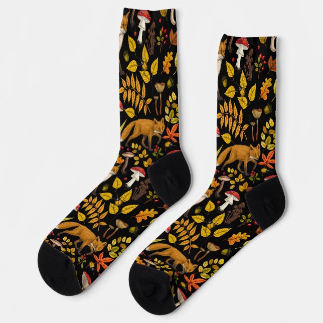 Chaussette Renard d'automne sur noir (Gauche)