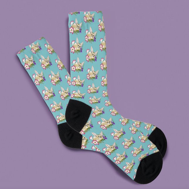 Chaussette Renard Fennec Fleurs Rose Violet Mignon Bleu Botan (Créateur téléchargé)