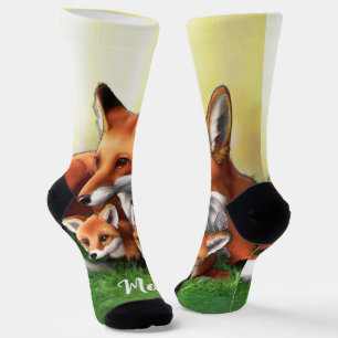 Chaussette Renard rouge Mère et Kits dans l'herbe