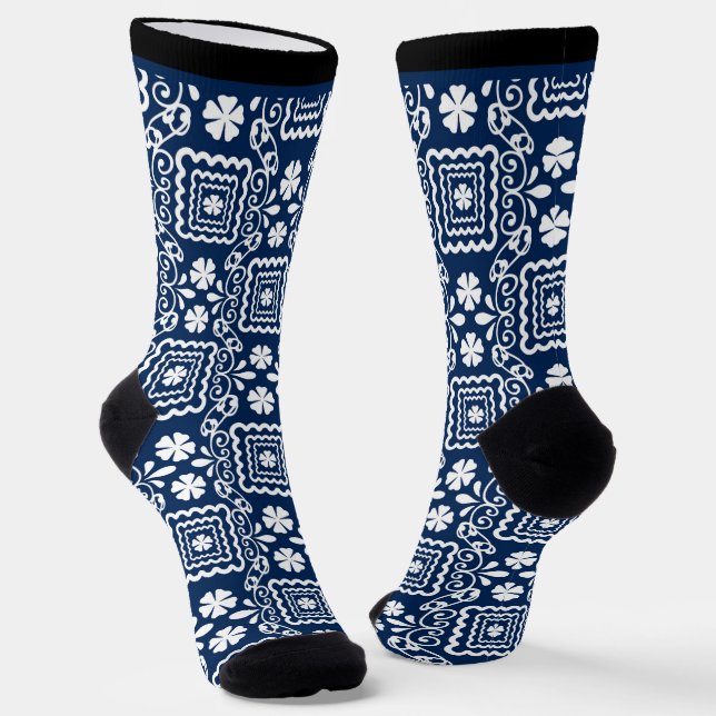Chaussette rétro 60 blanc bleu motif floral (Angulaire)