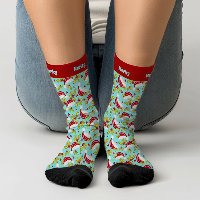 Chaussette Retro Blue Santa Hat Holly Ajouter un nom Ado Noël (Créateur téléchargé)