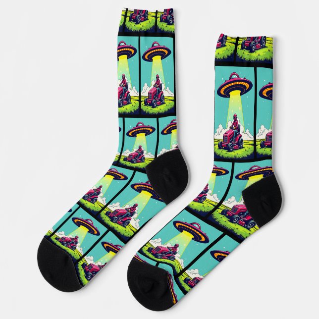 Chaussette Retro Sci Fi caricature tondeuse à gazon et Rocket (Gauche)
