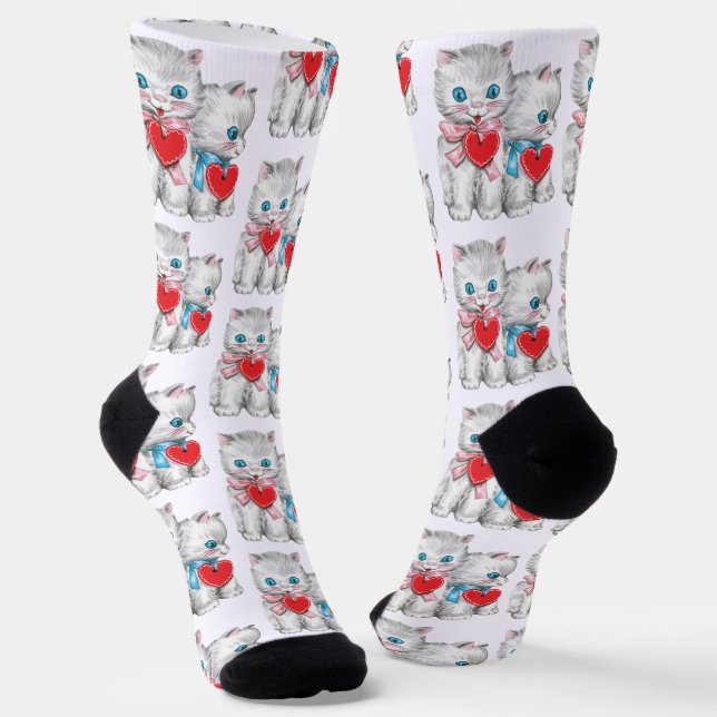 Chaussette Retro Valentine's Day Cats, Vintage Cute Kitten (Angulaire)