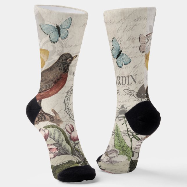 Chaussette Robin Elegant Bird Butterfly French Art (Angulaire)