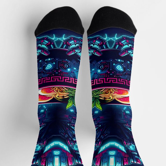 Chaussette Robot Cyberpunk Futuriste Neon Nourriture Ramen (Haut)