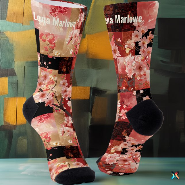 Chaussette Romantique rose cerisier fleuri Patchwork floral (Créateur téléchargé)