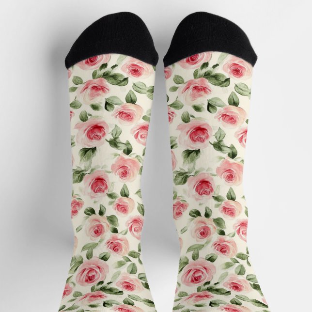 Chaussette Roses Fleuris Rose Crème   (Haut)