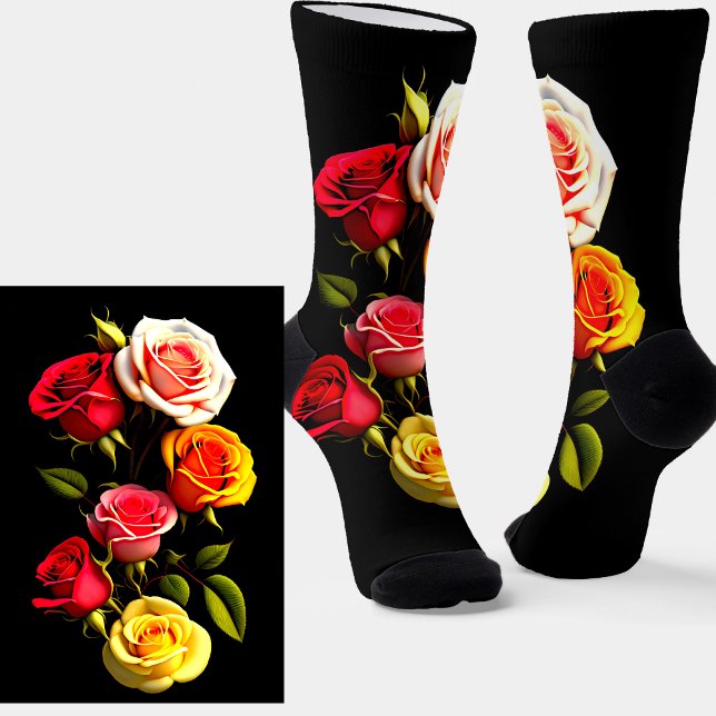 Chaussette Roses rouges roses jaunes sur chaussettes noires (Créateur téléchargé)