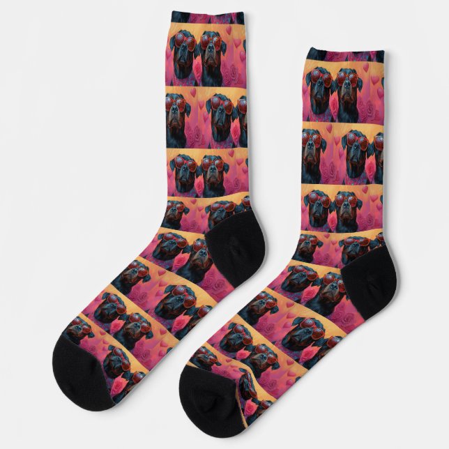 Chaussette Rottweiler au cœur Roses Saint-Valentin (Gauche)