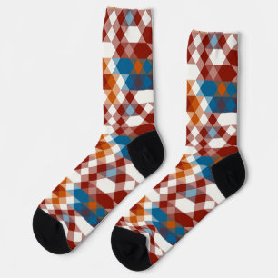 Chaussette rouge blanc bleu et orange géométrique