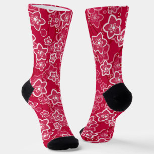 Chaussette rouge blanc floral rustique mode motif rétro