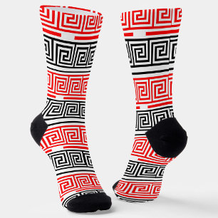 Chaussette Rouge Blanc noir Clé grecque Fret Motif Design