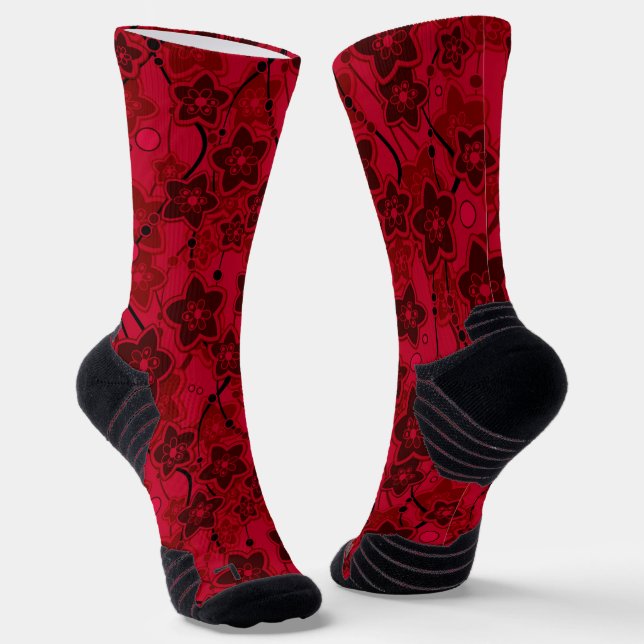 Chaussette rouge brun floral rustique mode motif rétro (Angulaire)
